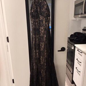 R & M Richards Black Lace Prom Gown